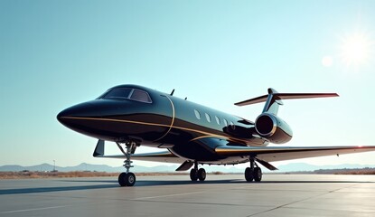 "A sleek black and gold private jet parked on a sunlit runway, with distant mountains under a clear blue sky."







