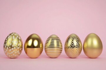 Fototapeta premium Golden Easter eggs with various decorative patterns, including polka dots, stripes, and geometric designs, arranged in a row on a pastel pink background