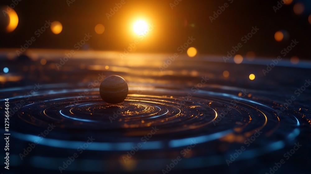 Poster an artistic rendition of a planet with ring system and sun in background