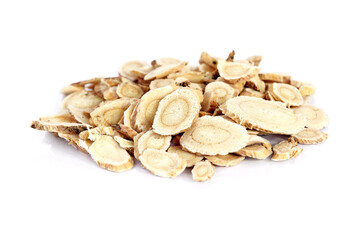 Chinese Herbal medicine - Astragalus slices, Huang Qi (Astragalus propinquus) on white background