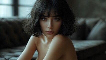 Captivating portrait of a young woman with a bob hairstyle sitting on a sofa in soft, natural light during the day