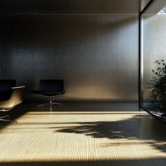 Modern minimalist office interior, sunlight through glass wall, plants outside, waiting area