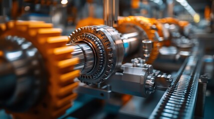 Obraz premium Industrial machinery close-up showcasing mechanical gears and components in a modern manufacturing setting