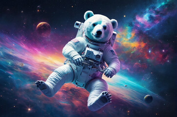 Fototapeta premium A holographic Astronaut riding a bear on Saturn's rings in outer space, made up of many particles. Generative AI.