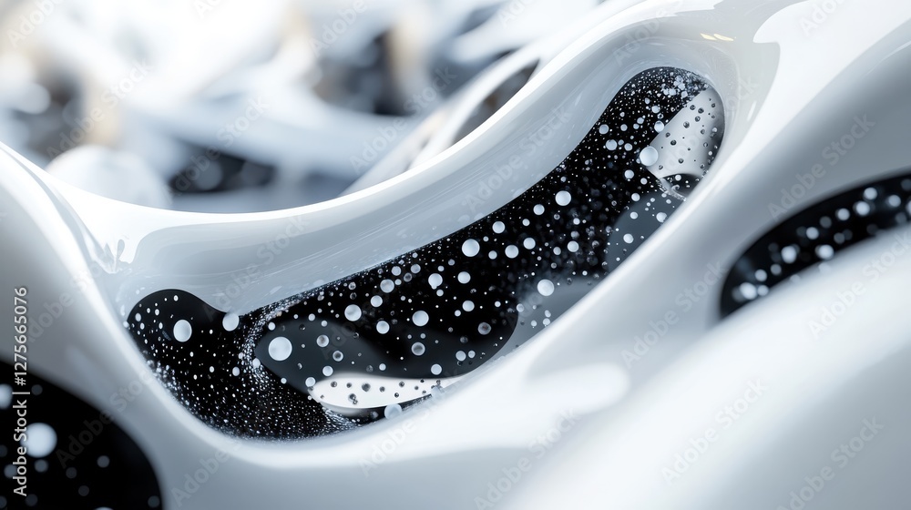 Poster abstract close-up of fluid patterns with bubbles and textures in black and white