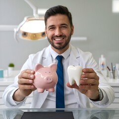 dentist holding a piggy bank and a bright white tooth, generative ai
