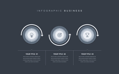 Business infographic template concept with icons and 3 step, workflow layout, circle, diagram, report, Company flowchart presentation slide, vector, illustration.