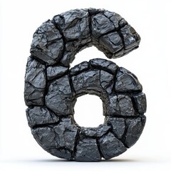 Number 6 made of pressed coal briquettes with detailed textures isolated on a clean white background