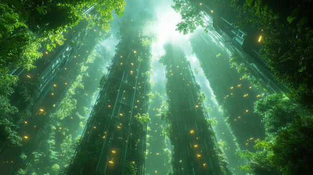 Experience the awe-inspiring blend of nature and technology with this image capturing a futuristic green city dominated by vertical gardens reaching towards the sky.