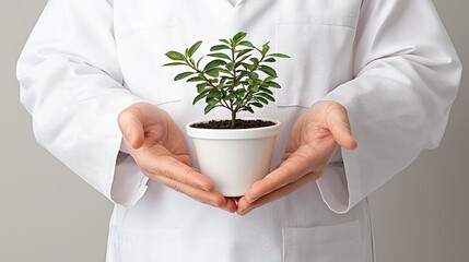Nurturing Growth: A scientist cradles a small potted plant in their hands, symbolizing care, conservation, and the intersection of science and nature.