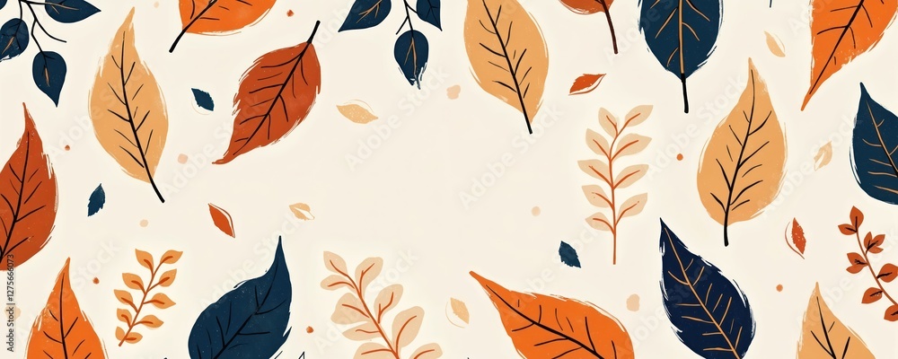 Poster visual illustration of abstract leaf pattern with hand drawn elements in warm earth colors on white 