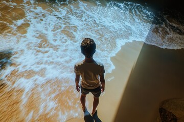 A child stands mesmerized by a simulated shoreline, feeling the realistic ocean waves meet the sand, evoking wonder and play.