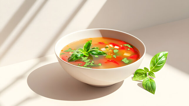 Colorful soup in a bowl, vibrant vegetables artfully arranged, fresh herbs on top, bright kitchen setting with light shadows.