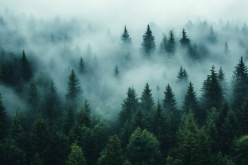 Misty forest landscape with evergreen trees creating a serene atmosphere