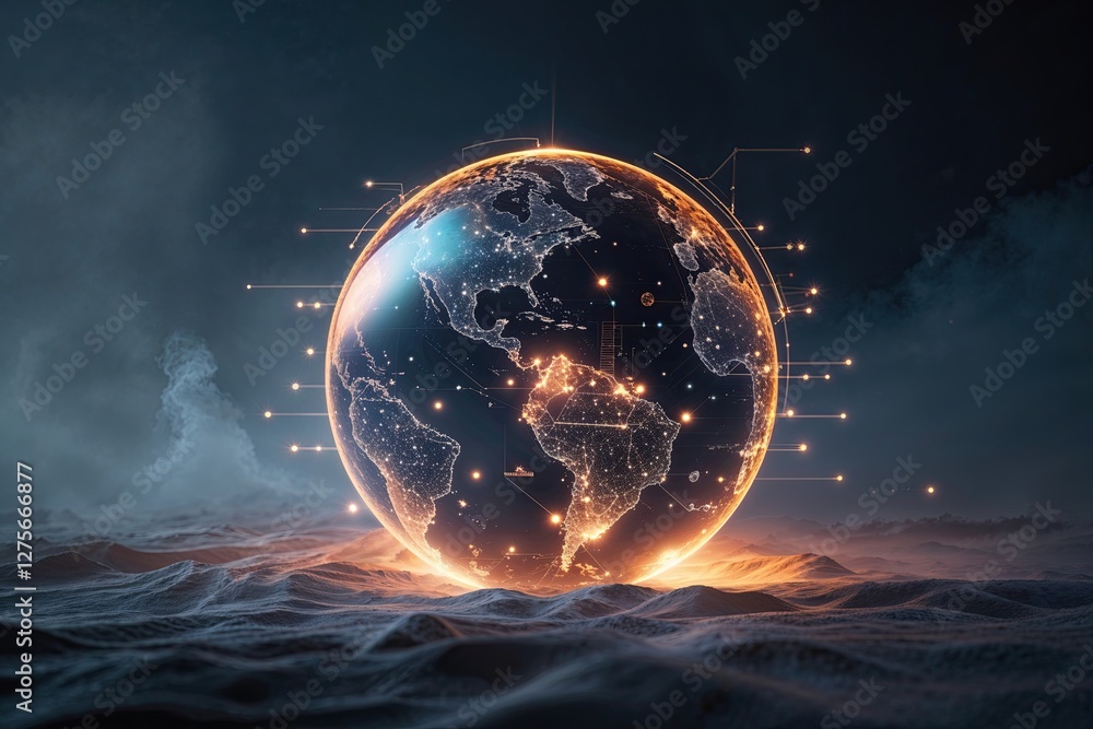 Poster dynamic digital technology sphere visualization in dark hazy background