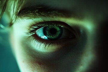 A close-up of a mesmerizing green eye in vivid detail, capturing the intricate patterns of the iris.