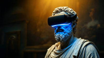 Antike Statue mit VR Brille als Symbol für Vergangenheit und Zukunft
