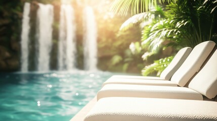 Obraz premium Serene Lounge Chairs by Waterfall in Natural Light