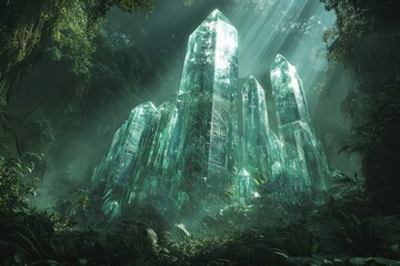 Enormous emerald crystals rise from a lush, mystical jungle, bathed in sunlight filtering through the dense canopy.