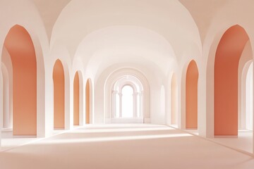 Fototapeta premium Arched hallway, light, interior, peach, architecture, design, background, 3D render, website banner