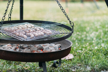 Sustainably grilling delicious food outdoors on a natural fire pit while enjoying an eco friendly gathering in a spacious green area