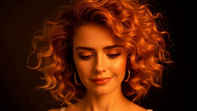 Portrait of a woman with red perm hair style, softly lit against a dark background, showcasing beauty