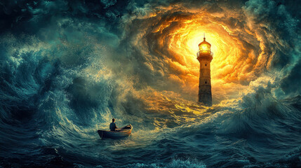 Therapist as a guiding lighthouse illuminating a troubled sea, assisting a small boat into clarity amid a storm of tangled thoughts