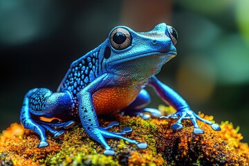 Fototapeta premium Vibrant Blue Poison Dart Frog On Mossy Surface