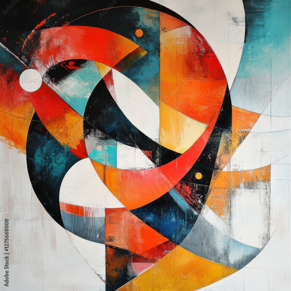 Poster abstract geometric composition with circular and linear shapes in vibrant colors and textures