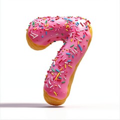 Number 7 made of fluffy pink-glazed donuts with colorful sprinkles isolated on a clean white background