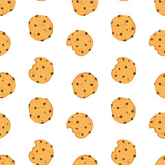 Seamless pattern with oatmeal cookies. Bakery and confectionery seamless pattern template. Hand drawn oat cookies with chocolate chip. Ideal for cover design, clothing prints, textiles, surfaces