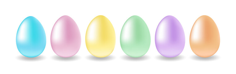 Colorful Easter eggs row. Painted shiny chicken eggs. Isolated pink, purple, orange, yellow, green and blue 3d vector eggs. Holiday decorative design elements. Colored Easter Eggs in Pastel Colors