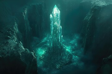 A majestic crystal tower, glowing underwater, amidst dark, mysterious rock formations.