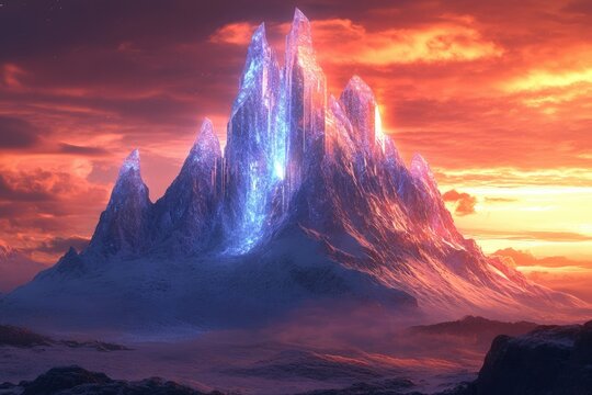 A majestic, glowing crystal mountain range at sunset, a fantasy landscape.