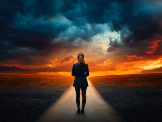 Fototapeta premium A woman stands on a winding path, gazing toward a dramatic sunset amidst dark clouds.
