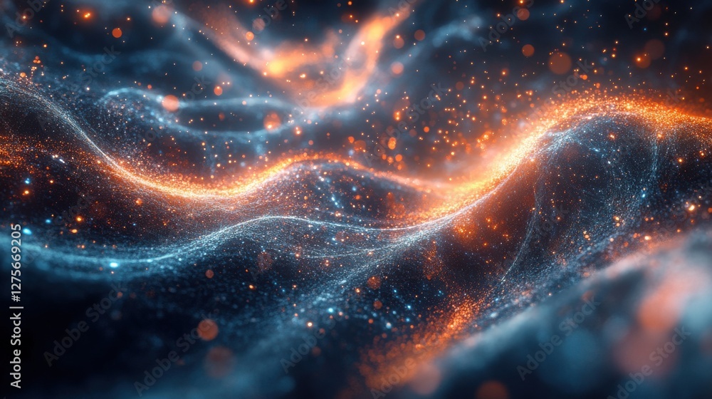 Poster abstract digital waves of light with shimmering particles in orange and blue colors creating a mesme