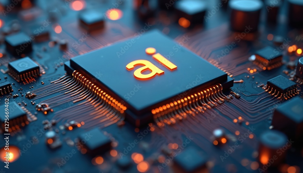 Poster Close-up of computer motherboard with AI text on chip. Concept of artificial intelligence, modern tech, data processing. Electronic circuit board with CPU.
