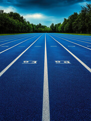 A serene view of an empty running track under a moody sky, surrounded by lush trees.