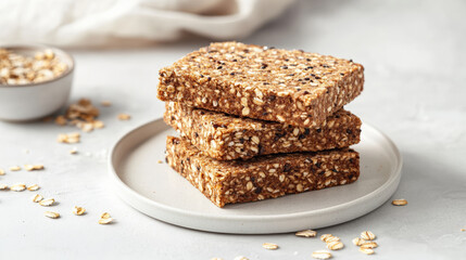 Healthy snack bars stacked on plate, made from oats and seeds, with light background. Perfect for nutritious boost any time of day