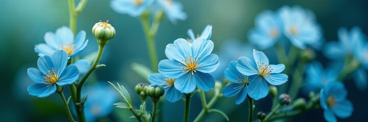 Close-up of delicate blue green flowers on a metal frame, floral, garden, bloom