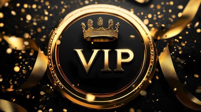 Luxurious VIP emblem with golden crown and ribbon on black background, surrounded by sparkling confetti