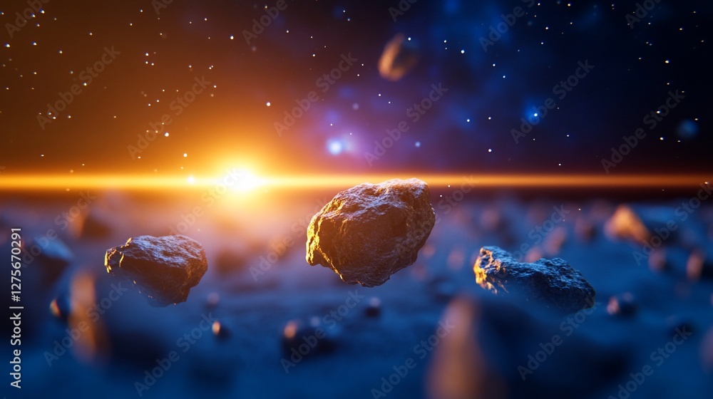 Poster asteroid field in deep space with a bright star providing light and illuminating the rocks and cosmi