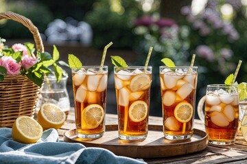 Fototapeta premium Stunning Tumblers Filled with Refreshing Iced Tea Perfect for Summer Picnics and Outdoor Gatherings