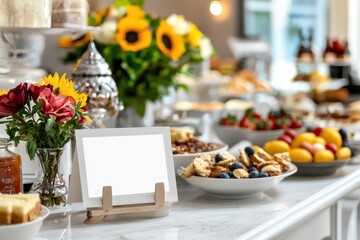 Elegant brunch buffet setup with bright natural light showcasing colorful fruit bowls, baked goods, and vibrant flower arrangements for event decoration or dining venue inspiration.