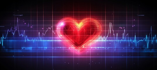 Glowing Red Heart Symbol, Medical Line Chart on Grid Background, Abstract Futuristic Design