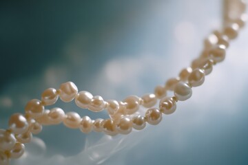 Lustrous pearls intertwined with elegant strands, lying gracefully on a reflective surface that mimics a serene aquatic environment.