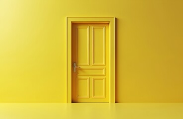 Closed yellow door on yellow background. Concept of decisions, new places, crossing borders. Symbol of choice, opportunity, imagination, solution. Enter new job, career.
