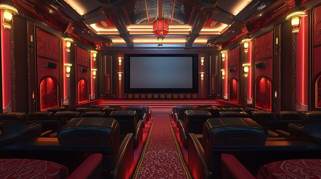 A spacious home theater with comfortable seating, large projection screen, and advanced sound system, offering an immersive movie-watching experience