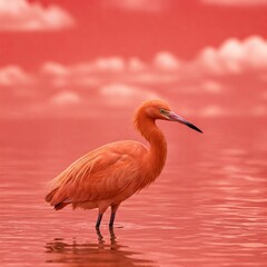 Fototapeta premium Radiant coral-red egret standing in shallow water, surreal red sky with delicate cotton clouds, slightly close-up