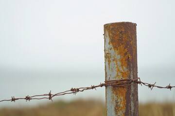 Rusted, old metal fence post entwined with barbed wire stands against a faded sky, telling a story of weathered resilience and time.